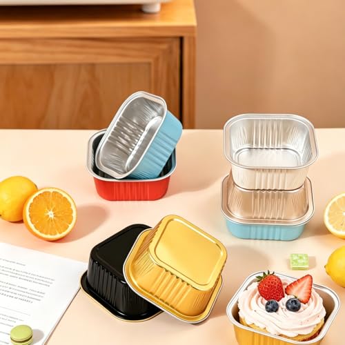 50 Pack Mini Cake Pans With Lids And Spoons,5oz Square Cake Tins - color: Gold