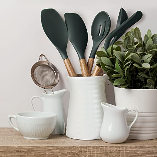 Non-Stick Silicone Cooking Utensils Set with Natural Acacia Hard Wood Handle, 5 Piece, High Heat Resistant (Green) - color: Green