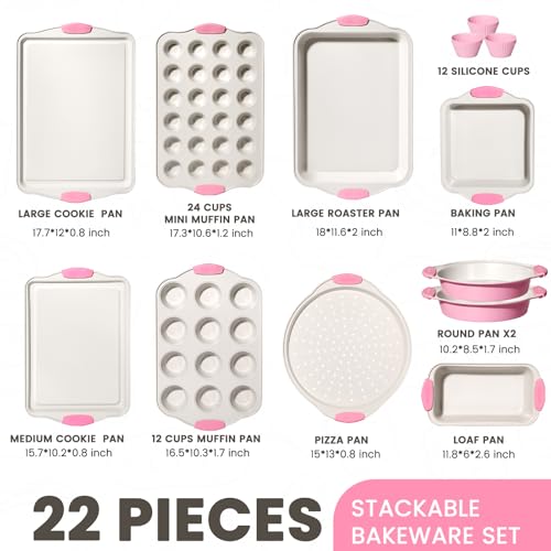 Kikcoin 22 PCS Nonstick Baking Pans Set, Stackable Bakeware Sets with Silicone Handles, 450°F Oven Safe Baking Sheet Set, Easy Release Cookie Sheets for Baking, Pink - color: Pink