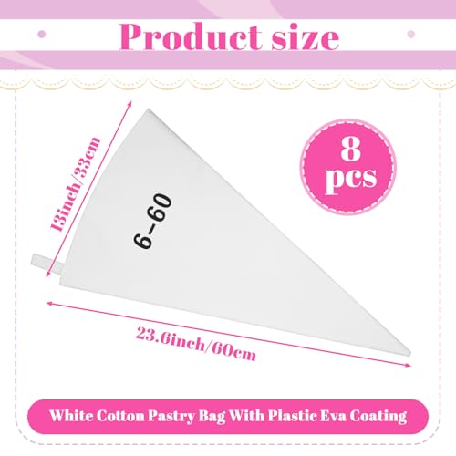 8 Pack 24 Inch Reusable Piping Bags, Cotton Cloth Pastry Bags with Plastic Coating, Large Canvas Cake Decorating Bag for Frosting, Icing, Cupcakes, Cookies