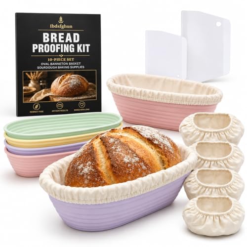 10-Piece Set Oval Banneton Bread Proofing Basket,10 Inch Natural Rattan Sourdough Proofing Kit with Cloth Liners and Dough Scrapers,Sourdough Bread Baking Supplies for Home Bakers