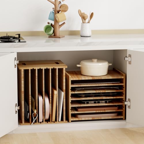 7 Tiers Cookie Sheet Organizer for Cabinet, Wooden Tray Dividers for Kitchen Cabinets Baking Sheet Pan Organizer, for Heavy Pans, Cutting Board, Bakeware, Kitchen Cupboard Storage, Solid Wood - size: Large(20''W)