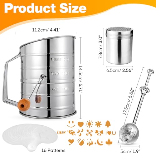 4 in1 Flour Sifter Stainless Steel, 3 Cup Flour Sifter for Baking, Sifter for Baking with Powdered Sugar Duster Set, Flour Shaker Duster for Baking Cakes, Pies, Pastries, Desserts and Cupcakes (3 Cup)