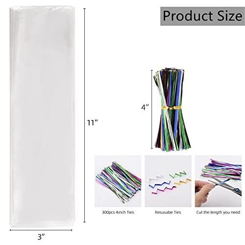 Tecbeauty 300pcs 3 x 11 Cellophane Bags Pretzels Clear Treat Bags Long Cello Cookie Bags for Chocobananas, Candy Kabob, Clear Bags with Ties - color: 3x11 Inch