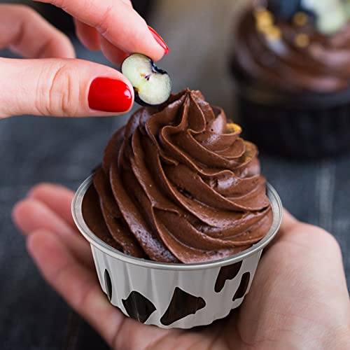 100Pcs Aluminum Cups with Lids,5oz Disposable Ramekin Baking Cups Muffin Liners Mini Pie Pans Foil Cupcake Containers for Christmas Party Wedding Party,Cow Print - color: Cowprint