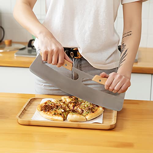 Pizza Cutter Rocker with Wooden Handles & Protective Cover by ZOCY, 14" Sharp Stainless Steel Pizza Slicer Wheel, Big Pizza Knife Cutters for Kitchen Tool (14inch) - size: 14inch
