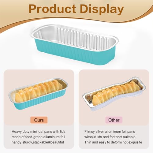 100 Pack Mini Cake Pans with Lids and Spoons, Mini Loaf Baking Pans 6.8oz, Small Disposable Aluminum Foil Loaf Pans, Rectangular Baking Containers for Party and Picnics, Cheesecake Pans (Blue) - color: wathet