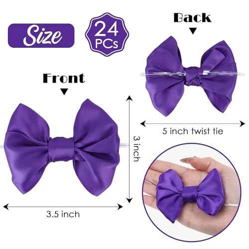 AIMUDI Purple Satin Ribbon Bows with Twist Ties for Treat Bags 3.5" Purple Bows for Crafts Small Bows for Gift Wrapping Premade Bows for Cake Pop Candy Apples Gift Bags Wedding Baby Shower -24 Counts - color: Purple