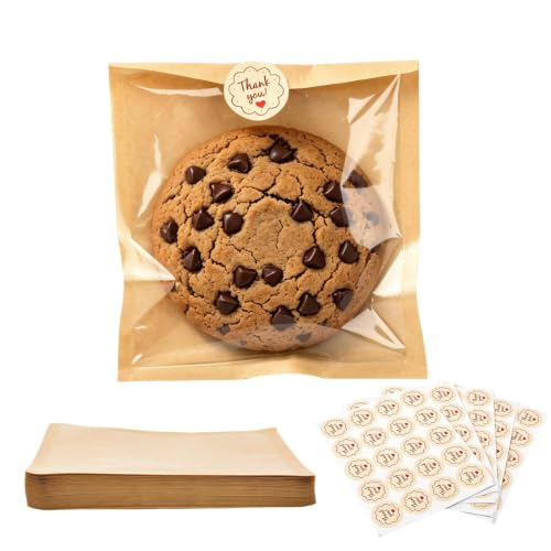 100 Pack Self Sealing Cookie Bags with Seal, 5.7 x 6.5 in Paper Bakery Bags with Window, Heat Sealable & Grease Resistant To Go Sleeves for Donut, Snack, Scone, Brownie and other Treats - size: 5.7 X 6.5in