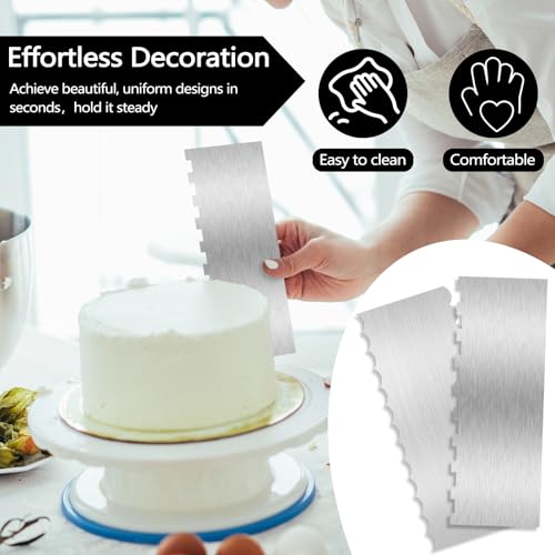 2 Packs Stainless Steel Cake Smoother Tool, 8.6''/22 CM Metal Cake Scraper Double Sided Patterned Comb Spatula for Icing Decorating Frosting Stripe Edge Cream Pastry Buttercream A
