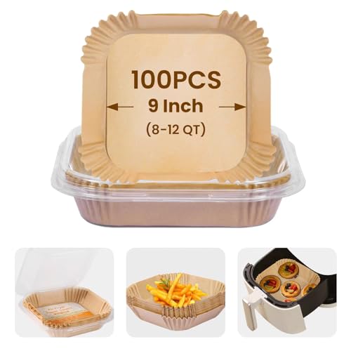 Disposable Air Fryer Paper Liners, 100 Pieces Square Liners for Air Fryer, Parchment Paper for Microwave, Food Grade Non-Stick Airfryer Basket Bowl Liner Free of Bleach (9IN-Square) - size: 9 inches