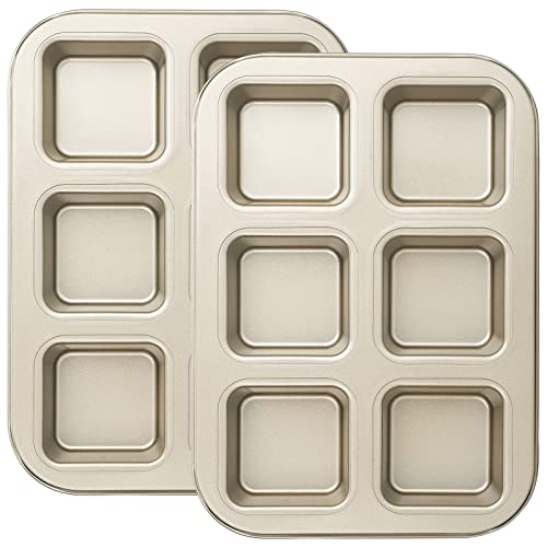 Beasea Mini Brownie Pan, 2 Pack 6 Cavity Gold Square Inidividual Brownie Muffin Cake Cutter Pan Mini Cheesecake Cupcake Bakeware Carbon Steel Brownie Baking Tray Bakeware for Oven Baking - color: Gold Brownie Mini