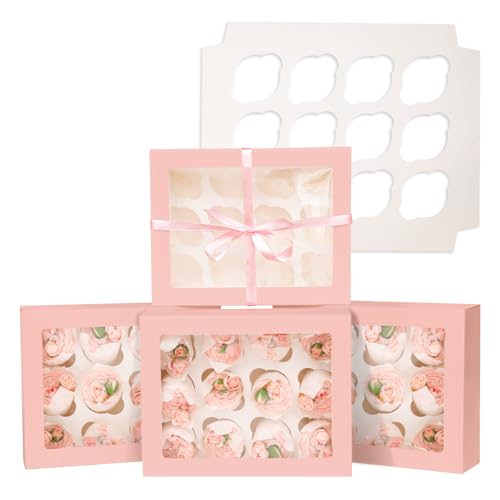 Bakepacker Auto-pop up 12 Cupcake Boxes, Pink, 6-Packs - color: Pink,6