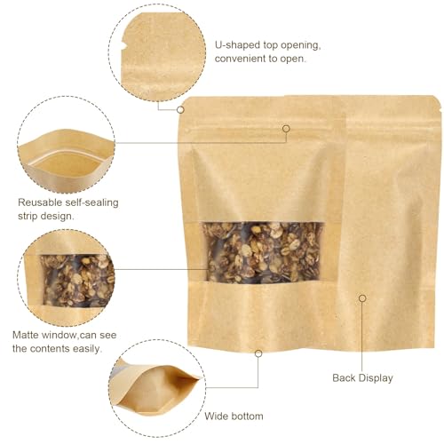 50 Pack Kraft Resealable Bags with Window for Storage (5.5 x 7.3 Inches) - size: 5.5 x 7.3 Inches