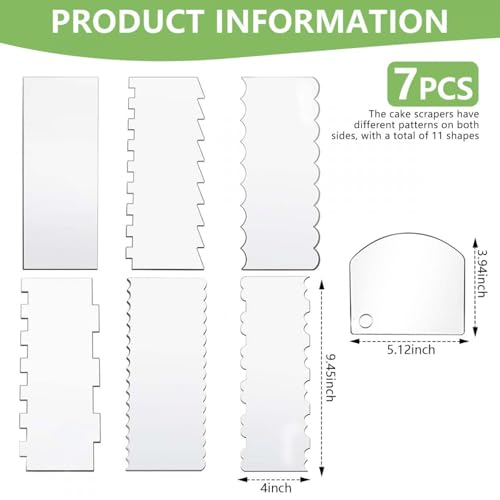 SenseYo 7 Pcs Acrylic Cake Scraper 9.5 Inch Large Icing Cream Frosting Smoother Comb Double Sided Patterned Edge Stripe for Cake Decorating Mousse Butter Baking Projects - size: 7
