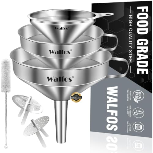Stainless Steel Funnel, Walfos 3 Different Sizes of Kitchen funnels with 2 Removable Strainer ＆ 1Pcs Cleaning Brush, for Transferring of Liquid, Oils, Jam, Powder - color: 3pcs 5in+4in+3in Stainless Steel