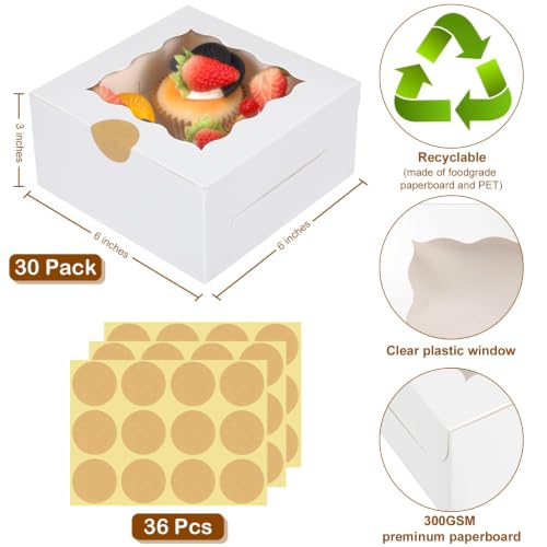 30 Pcs White Bakery Boxes with Window and Stickers, 6 X 6 X 3 Inches