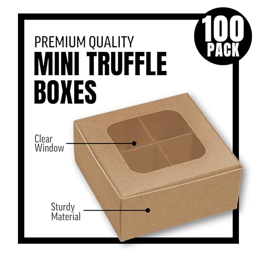 100 pcs Kraft Mini Truffle Box for 4 Treats with Window and Dividers, Bakery Boxes, 3.5 x 3.5 x 1.57 Inches VERY SMALL Baking Boxes for 4 Treats, Square Truffles Box for Gift Giving - color: Kraft