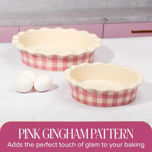 Paris Hilton Ceramic Pie Dish Set, 7-Inch and 9-Inch Stoneware Baking Dishes with Fluted Rim and Gingham Design, Oven Safe up to 450°F, 2-Piece, Pink - size: 2-Piece