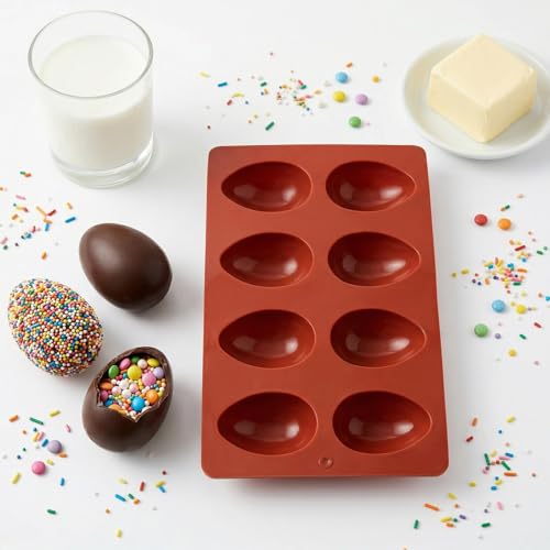 1 Pack Silicone Egg Molds 8 Cavity Easter Silicone Candy Mold 3D Egg-Shaped Silicone Baking Mold for Chocolate, Jello, Mini Cakes, DIY Desserts, Candy, Ice, Pudding, Baking (1, Brick Red) - color: Brick Red