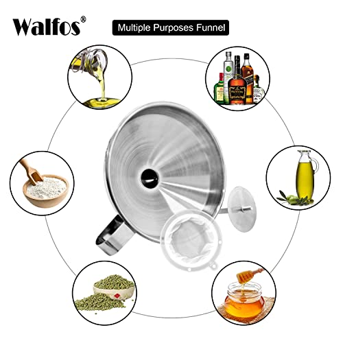 Stainless Steel Funnel, Walfos Kitchen Funnel with 2 Removable Strainer ＆ 1Pc Cleaning Brush, Perfect for Transferring of Liquid, Oils, Jam, Dry Ingredients & Powder (Big, 4.9") - color: 1pcs 4.9in Stainless Steel