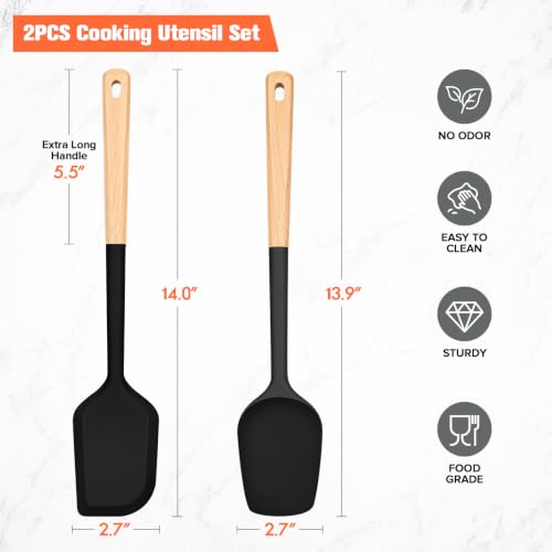 Large Silicone Rubber Spatula Scrapers 14" with Long Wood Handle, 2 Pack - color: Black
