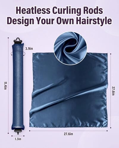 Heatless Hair Curler Overnight Curls-3 Pcs No Heat Curling Blowout Rod to Sleep In,Hair Rollers with Satin Scarf - color: Navy blue(Pack of 3)