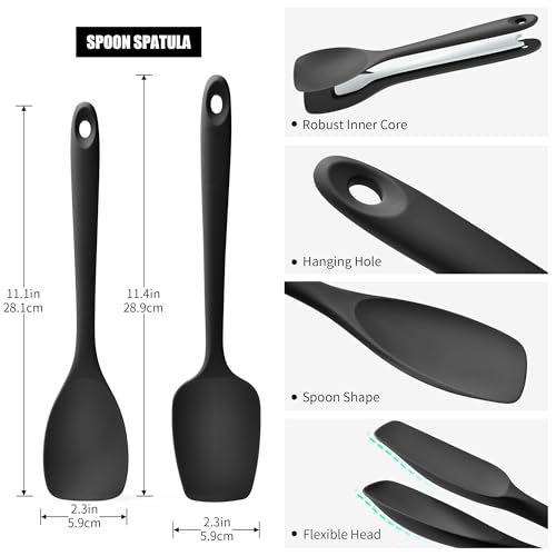 Doosu Silicone Cooking Spoon Spatula for Nonstick Cookware (2Pcs, Black) - color: Black, size: 11.1 & 11.4in