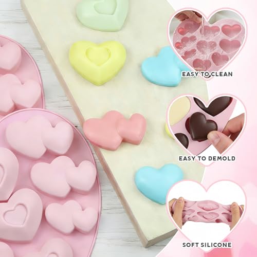 Valentines Silicone Mold Pink Heart Silicone Chocolate Mold with 3 Types Different Heart Pattern Desidn Reusable Silicone Molds 10-Cavities Non-Stick Baking Molds for Candy Pudding Jelly Making - color: Valentines Styl 46