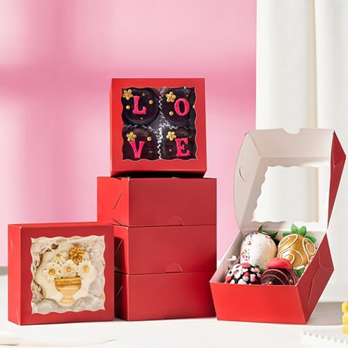 50 Pack 4x4x2 inches Red Bakery Boxes with Window - Macaron Cookie Chocolate Truffle Strawberry & Mini Cake Gift Boxes for Valentine's Parties Birthdays Wedding, Christmas Favors - color: Red