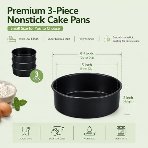 P&P CHEF 5 Inch Cake Pan Set of 3, Non-Stick Round Cake Pans - size: 5 Inch