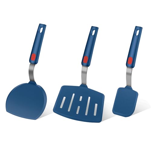 Silicone Spatula Turner Set of 3, Heat Resistant Large Wide Spatula for Pancake, Silicone Fish Spatulas Flipper for Cooking & Non-stick Cookware, BPA Free Rubber Cooking Untensil Set - color: Hazy Blue
