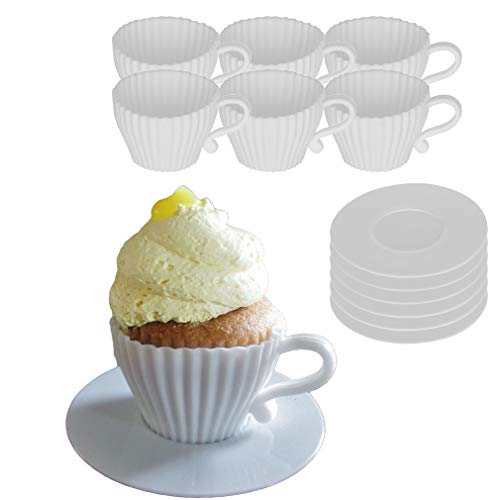 Evelots 12-Piece Silicone Teacup Cupcake Molds, 6 Cups & Saucers, BPA-Free - color: White, size: 12 Piece Set