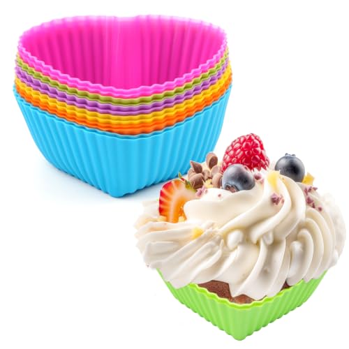 12 Pack Reusable Silicone Cupcake Liners Baking Cups Liners - color: Colored-Heart