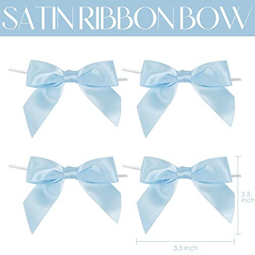 AIMUDI Light Blue Satin Ribbon Twist Tie Bows 3.5" Pre-Tied Baby Shower Bows Premade Baby Blue Bows for Crafts Treat Bags Cake Pop Gift Wrapping Wedding Favors Gender Reveal Birthday - 50 Counts - color: Blue Light