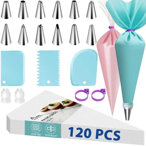 HOTEC Piping Bags and Tips Set, 120 Pcs Cake Decorating Kit with 100pcs 12 Inch Disposable Pastry Bags, 1 Reusable Piping Bags, 12 Piping Tips, 3 Cake Scraper, 2 Couplers, 2 Bag Ties, Baking Supplies - size: 12inch 120pcs