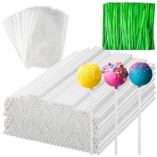 600Pcs Lollipop Stick, 6IN Cake Pop Sticks with Clear Treat Bags & Green Twist Ties, Cake Pops Making Tools for Lollipops, Candies, Chocolates Cookies - color: Green 600Pcs