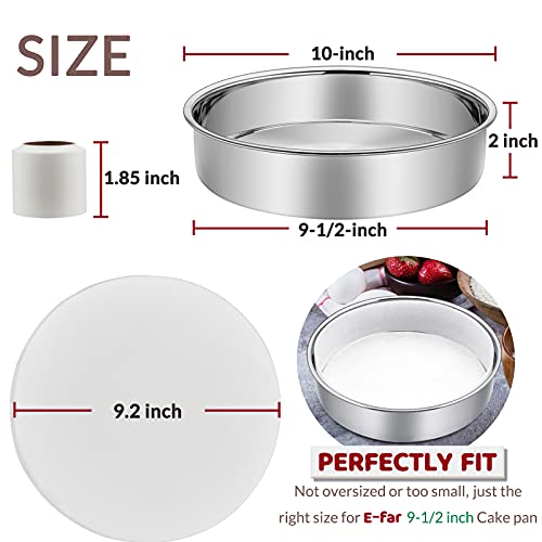 E-far 9½ Inch Cake Pan Set of 2, Stainless Steel Round Layer Cake Baking Pans with Parchment Rounds & Side Liner Roll, Non-Toxic & Healthy Metal Cakes Tin, Straight Side & Dishwasher Safe - size: 9½ Inch, style: 2 Cake Pans