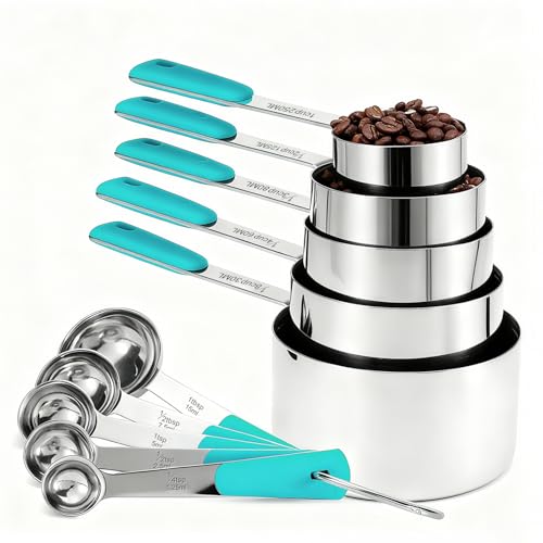 Bopei 10-Pcs Stainless Steel Measuring Cups & Spoons Set, Aqua Sky Handles - color: Aqua Sky