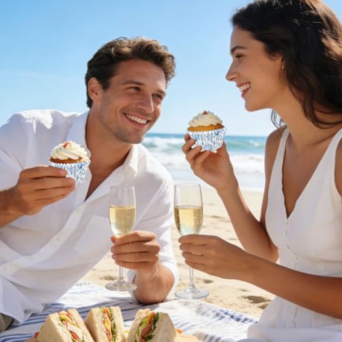 AnyDesign 300Pcs Last Toast on the Coast Cupcake Liners Paper Baking Cups Summer Blue Coastal Beach Standard Muffin Cupcake Wrappers for Bachelorette Bridal Shower Wedding Party Supplies - style: Coastal Beach