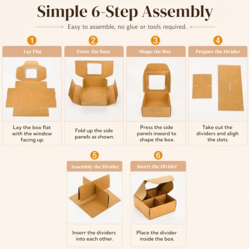Eorbow 40 Pack Brown Bakery Boxes with Window and Dividers, 6 x 6 Inch Mini Pastry Boxes with 4 Compartments, Kraft Treats Gift Boxes with Inserts, Cupcake Packaging Containers for Pastries Biscuits