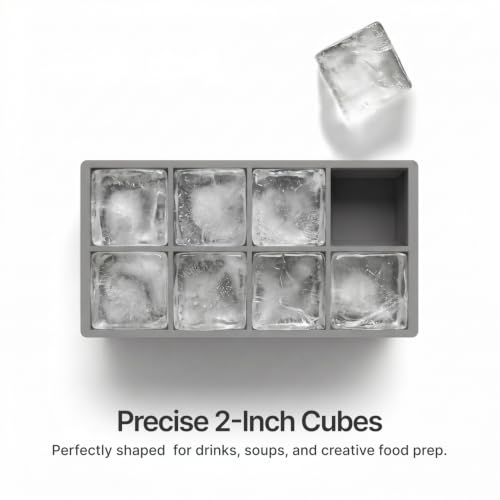 Ice Cube Molds, 2 Pack Silicone Trays for 8 Large Square Cubes - color: 2" Cube (Gray)