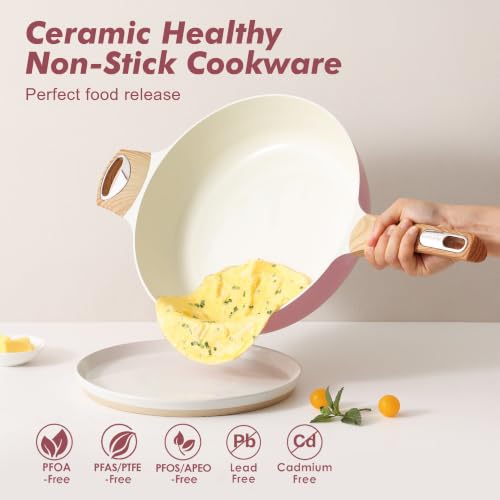 SENSARTE Ceramic Nonstick Frying Pan Skillet with Lid, 12 Inch Large Deep Frying Pan, 5 QT Saute Pan, Induction Pan, Healthy Non Toxic Cooking Pan with Helper Handle, PFOA PFAS PTFE Free - color: Pink, size: 5QT / 12IN