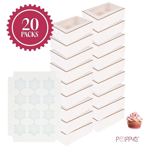 Poppy's (20 Pack) Gold-Trimmed Cupcake Boxes - 12 Count Cupcake Containers with Removable Inserts, Transparent Window Cupcake Holder - color: 20 Pack