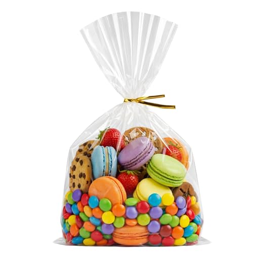 Wowfit 7x13.2 Clear Cellophane Gift & Favor Bags, 50 CT, 6" Gold Twist Ties - size: 7x13.2 Inch (Pack of 50)