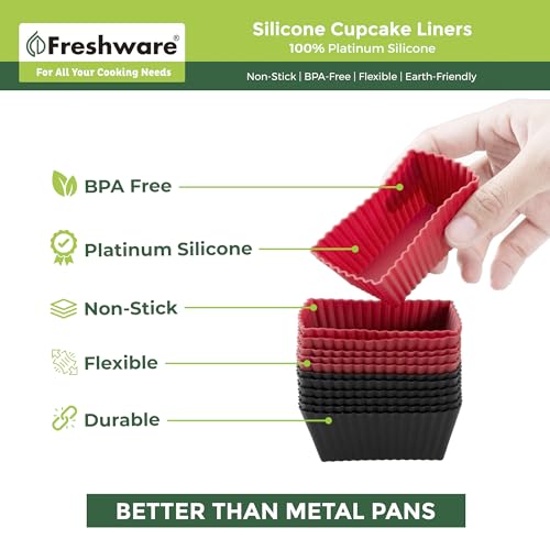 Freshware Cupcake Liners, Pack of 12 Silicone Muffin Cups, 2.8 Inch Baking Cups, Reusable & Non-stick Cupcake Liners for Party Halloween Christmas, Rectangular - color: Red & Black Rectangle [12-Pack]
