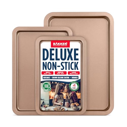 BAKKEN 3-Piece Kitchen Baking Pans - Small, Medium, and Large Cookie Pan, With Nonstick Coating, Stackable and Space-saving Design, PFOA, PFOS, PTFE Free, Oven Safe Tray (Up To 450°F), Brown - color: Brown, size: 3 Piece Set