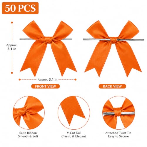 50 Pcs Twist Tie Bows for Treat Bags and Gift Wrapping, Orange - color: Orange