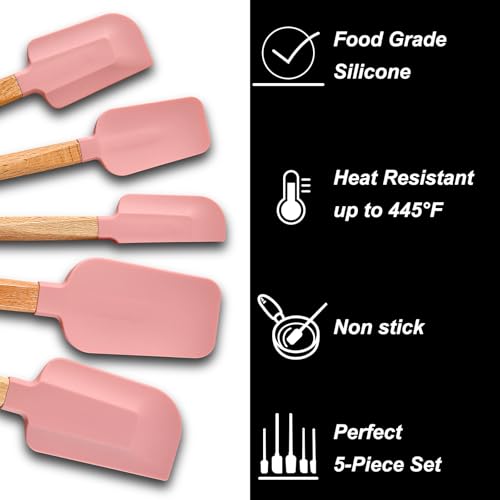Pink Silicone Spatula Set, Food Grade Rubber Spatula-5 Piece Nonstick Rubber Spatulas, Spoonula, Jar Scraper for Cooking, Baking, Mixing, - color: Pink