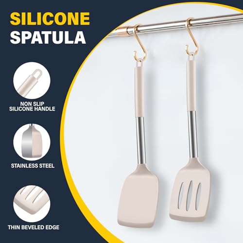 2 Pack Silicone Spatula Set, Solid & Slotted Turner for Non-Stick Pans - color: Khaki